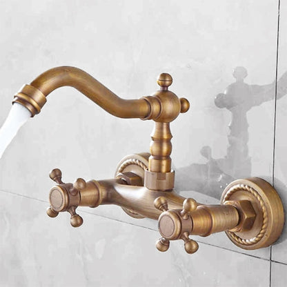 Antique Brass Wall-Mount Kitchen Faucet, Traditional Two-Hole Dual-Handle Swivel Spout Faucet