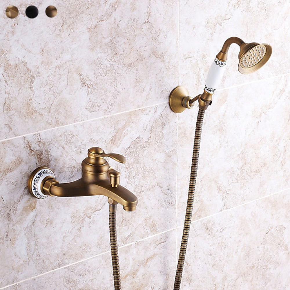 Vintage Wall-Mount Tub Faucet, Single-Handle Brass Bath Tub Faucet with Handheld Shower, Antique Brass / Matte Black / Brushed Brass / Copper
