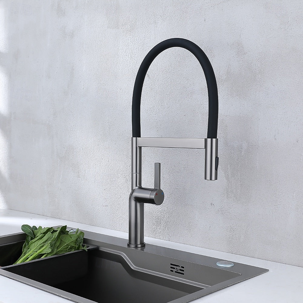 Modern Pull-Down Kitchen Faucet, Single-Handle Brass Faucet, Gray / Silver / Multi