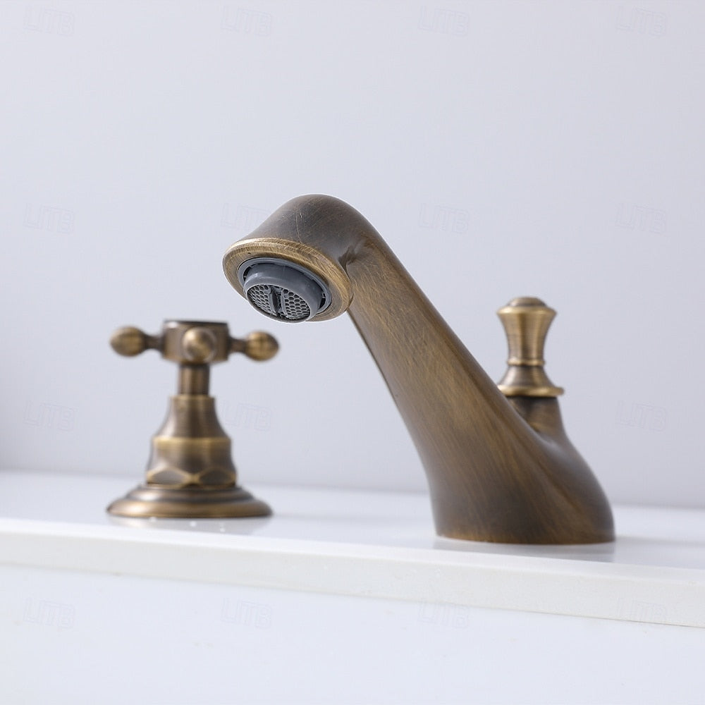 Antique Brass Traditional Widespread Bathroom Faucet, Dual Cross Handles 3-Hole Basin Tap