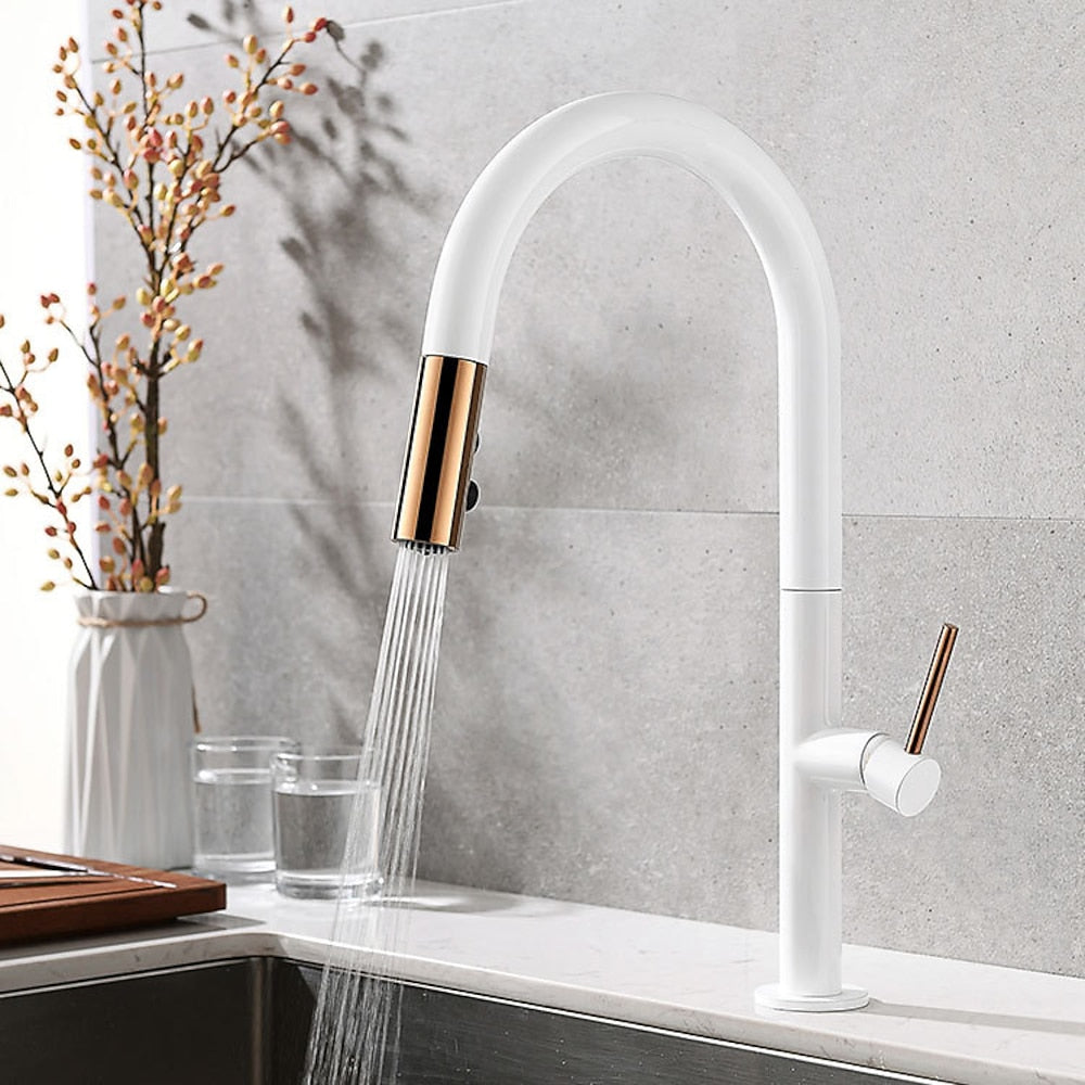 Pull-Down High-Arc Kitchen Faucet, Modern Single-Handle Sink Faucet, Matte Black / Matte White