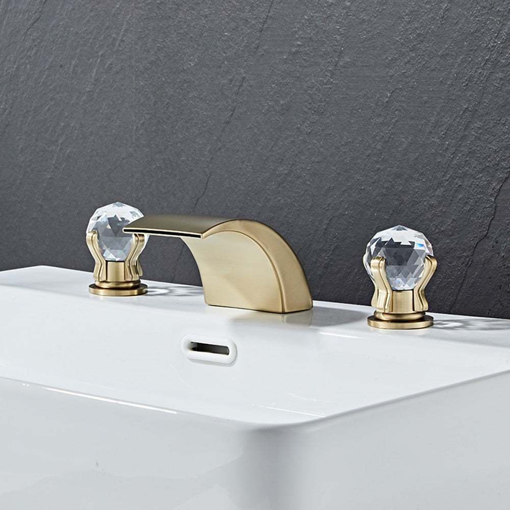 Waterfall Bathroom Faucet, Modern 3-Hole Widespread Faucet, Double Crystal Handle Faucet, Matte Black / Chrome / Brushed Gold / Polished Gold