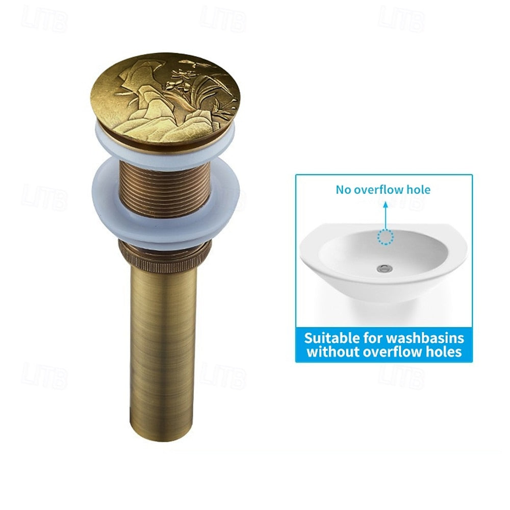 Antique Brass Vintage Pop-Up Sink Drain with Overflow, Solid Brass Bathroom Vanity Vessel Sink Drain Assembly
