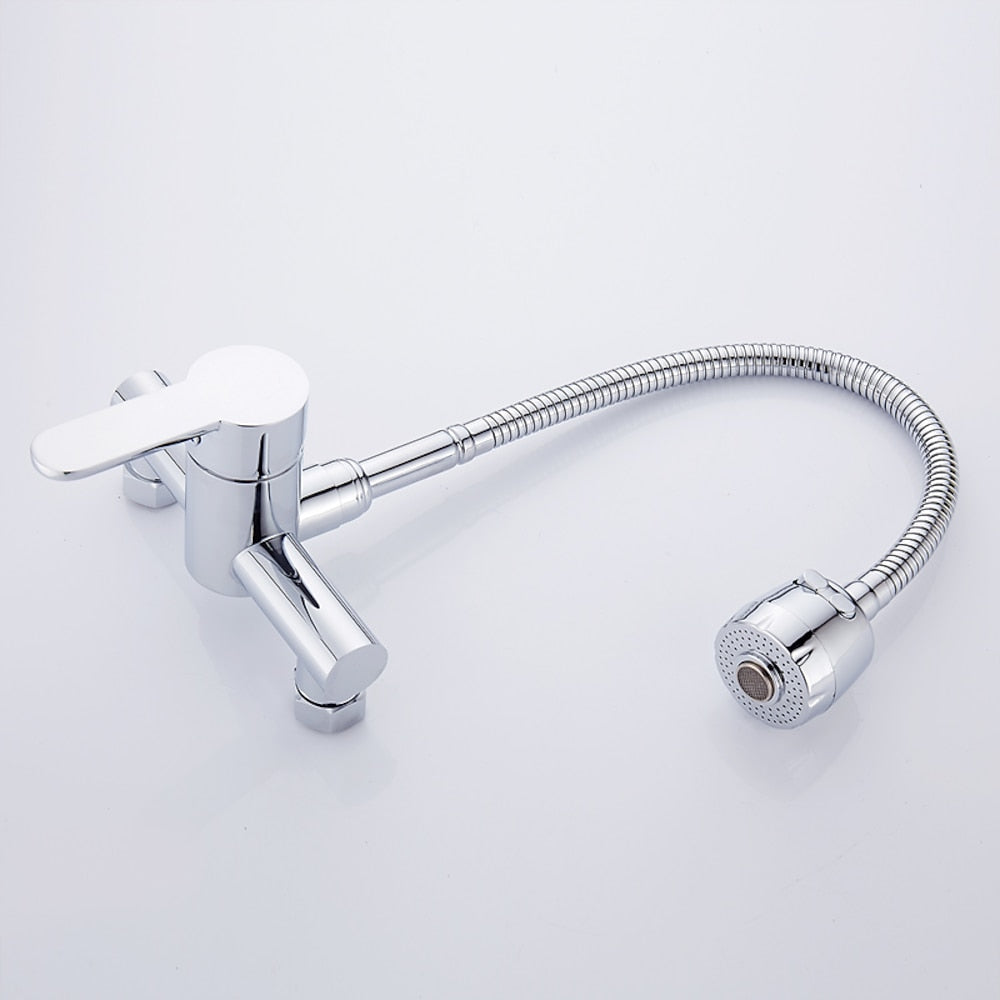 Flexible Spout Chrome Wall-Mount Kitchen Faucet, Modern Single-Handle Brass Faucet