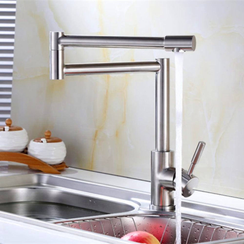 Folding Double-Jointed Brushed Nickel Kitchen Faucet, Single-Handle Stainless Steel Deck Mount Faucet