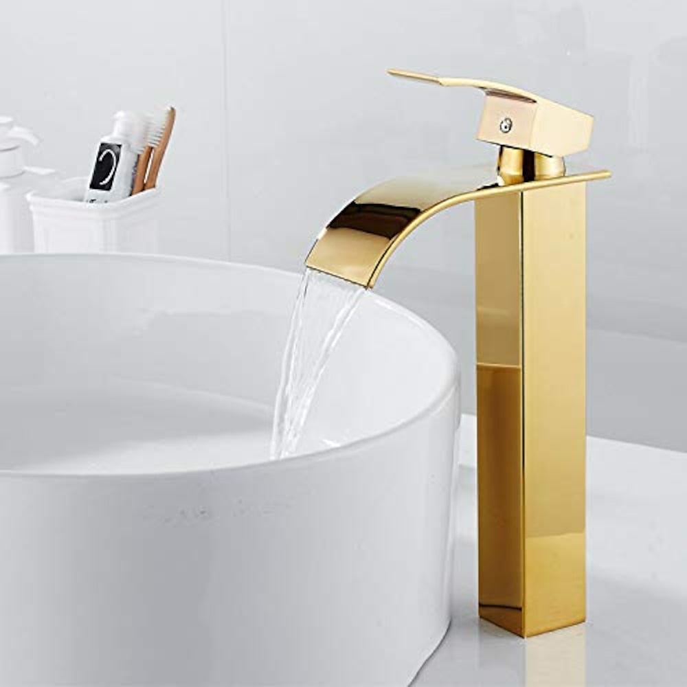Waterfall Single-Hole Bathroom Faucet, Modern Single-Handle Vessel Sink Faucet, Matte Black / Polished Gold