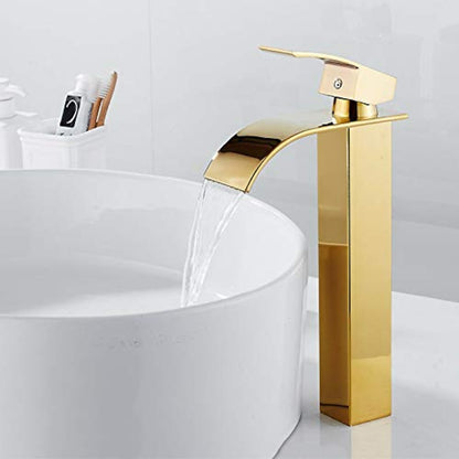Waterfall Single-Hole Bathroom Faucet, Modern Single-Handle Vessel Sink Faucet, Matte Black / Polished Gold