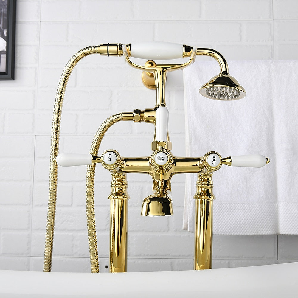 Polished Gold Retro Vintage Tub Filler Faucet, Floor-Mount Three-Handle Faucet with Handheld Shower