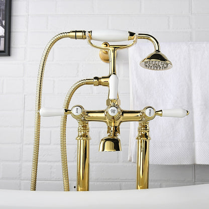 Polished Gold Retro Vintage Tub Filler Faucet, Floor-Mount Three-Handle Faucet with Handheld Shower