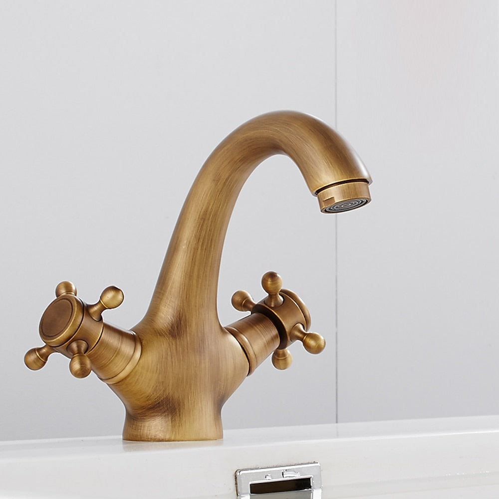 Vintage Single-Hole Bathroom Faucet, Dual Cross Handle Brass Faucet