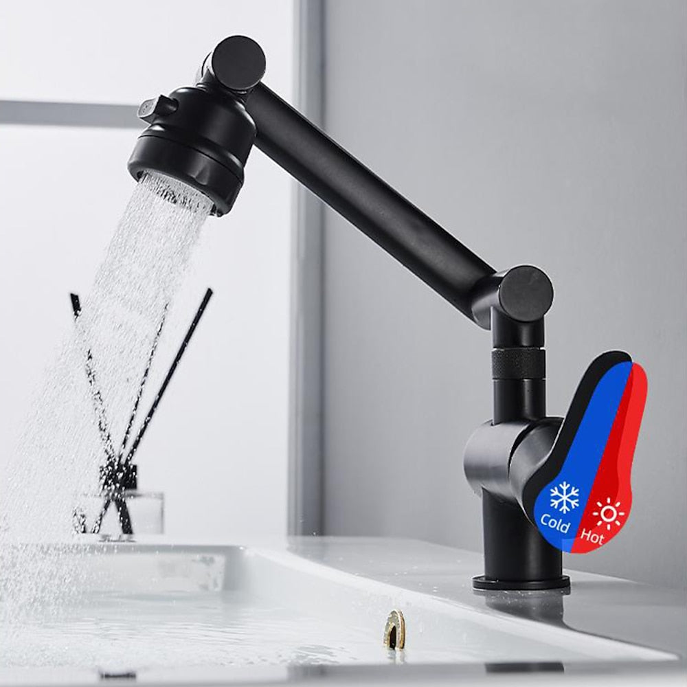 Height-Adjustable Modern Bathroom Sink Faucet, Single-Hole Swivel Spout Faucet, Matte Black / Chrome