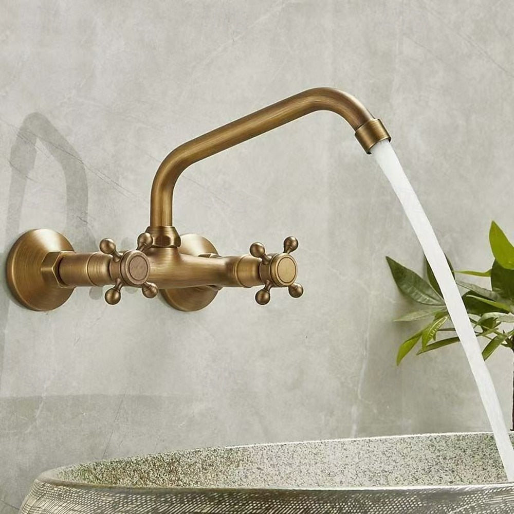 Antique Brass Traditional Wall-Mount Bathroom Faucet, Double Cross-Handle Swivel Spout Sink Faucet