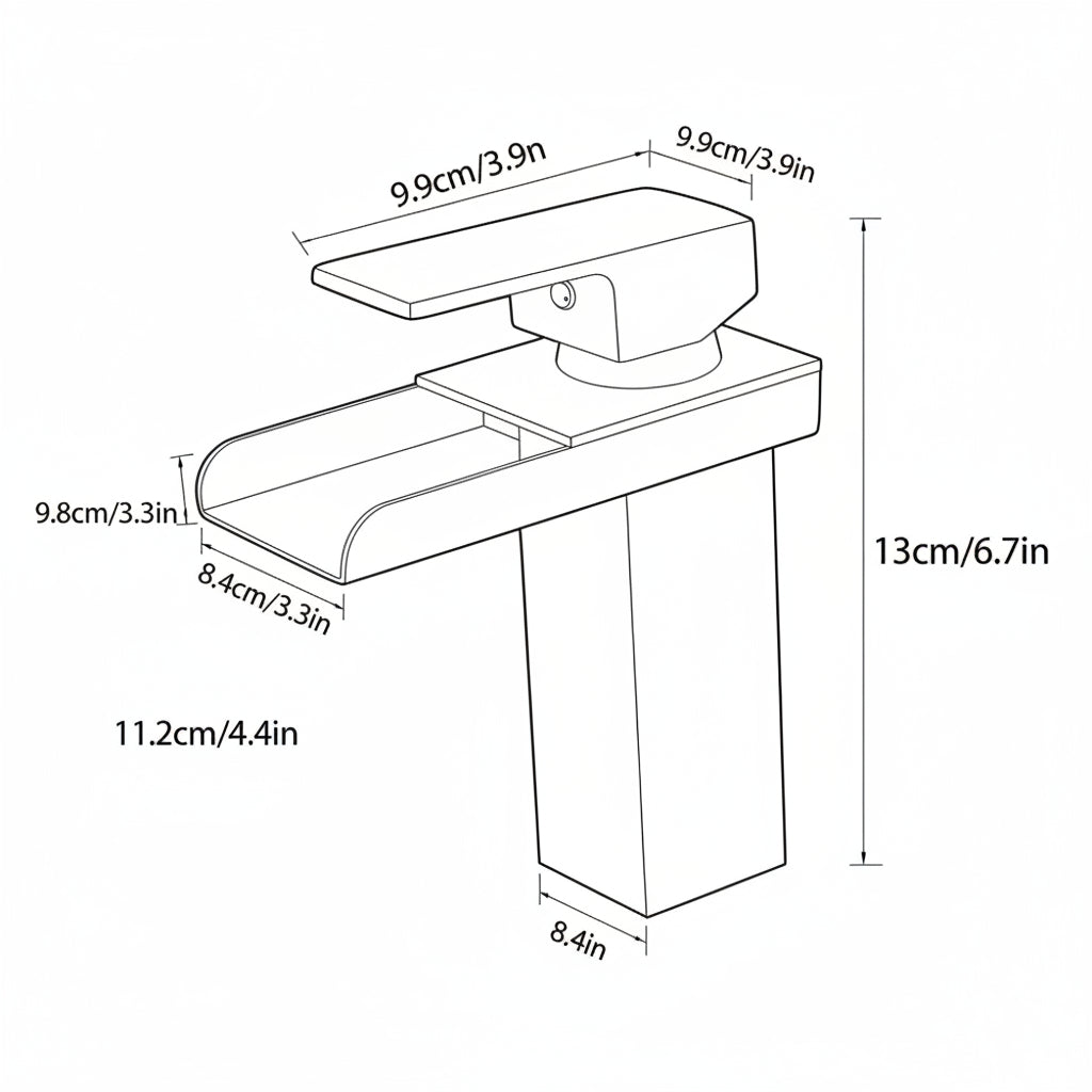 Chrome water faucet with dimensions labeled on a white background