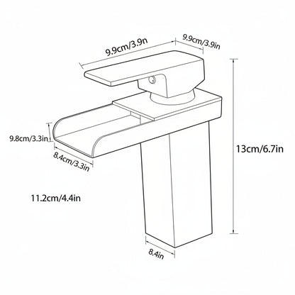 Chrome water faucet with dimensions labeled on a white background