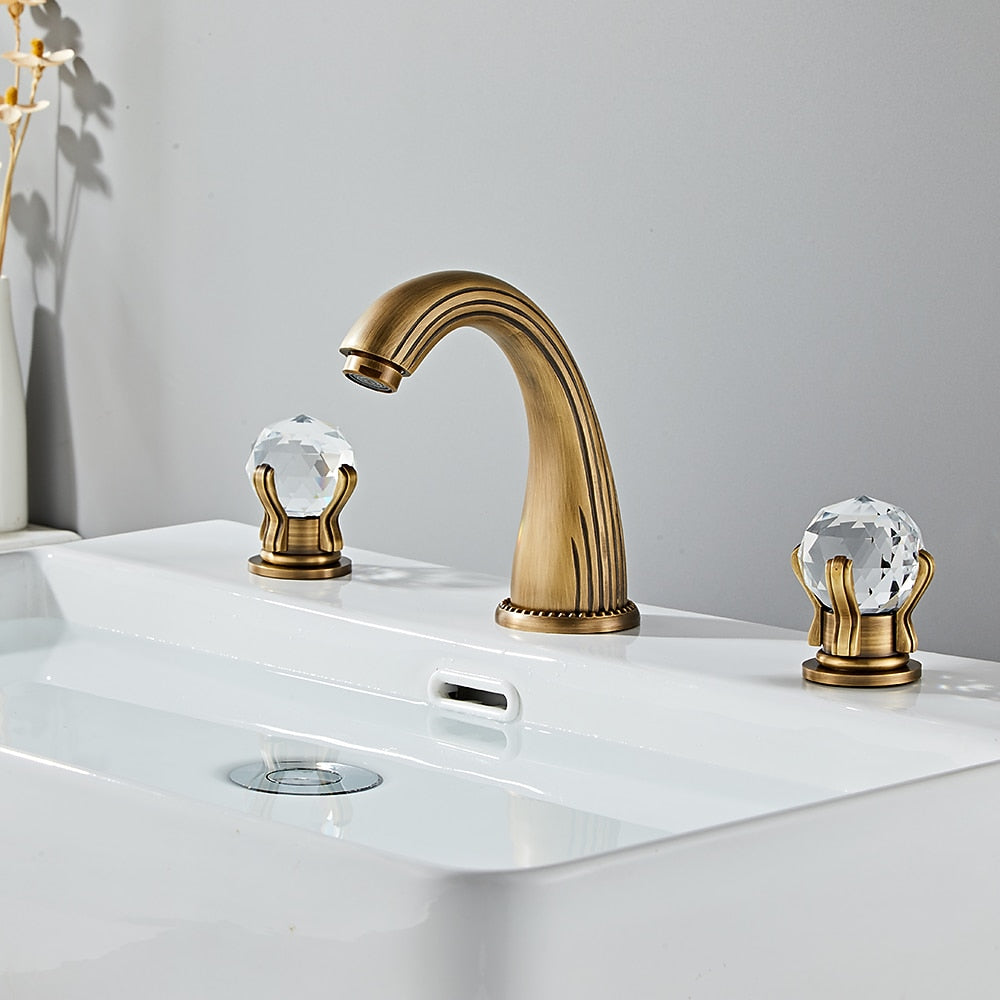 Modern Widespread Bathroom Faucet with Crystal Knob Handles, 3-Hole Double-Handle Brass Basin Mixer Tap, Antique Brass / Brushed Gold / Chrome / Matte Black / Rose Gold / Gunmetal / PVD