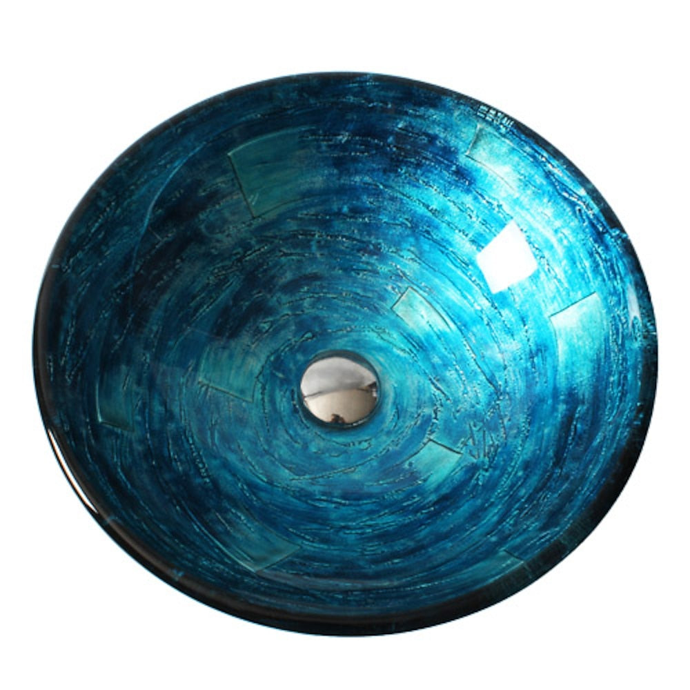 Contemporary Blue Tempered Glass Vessel Sink, Faucet Combo, Round Single-Hole Bathroom Vanity Basin with Chrome Drain Assembly