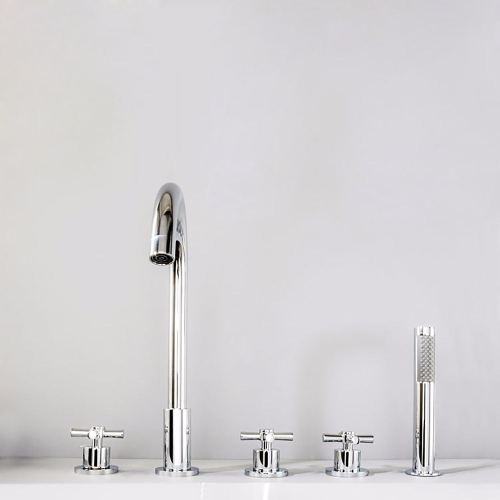 Chrome 5-Hole Deck-Mount Tub Filler Faucet, 3-Handle Brass Tub Faucet with Handheld Shower