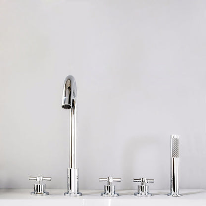 Chrome 5-Hole Deck-Mount Tub Filler Faucet, 3-Handle Brass Tub Faucet with Handheld Shower