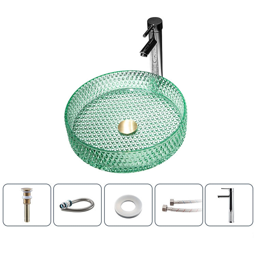 Modern Round Tempered Glass Vessel Bathroom Sink, Vanity Wash Basin Set with Chrome Faucet