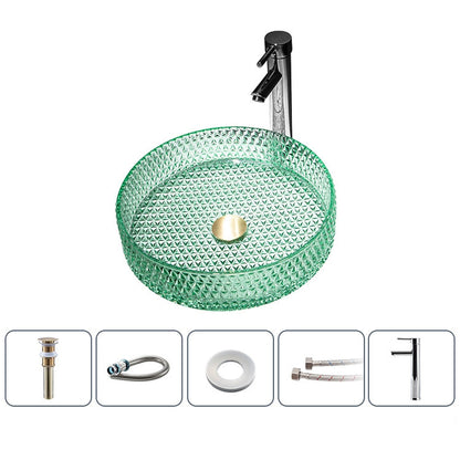 Modern Round Tempered Glass Vessel Bathroom Sink, Vanity Wash Basin Set with Chrome Faucet
