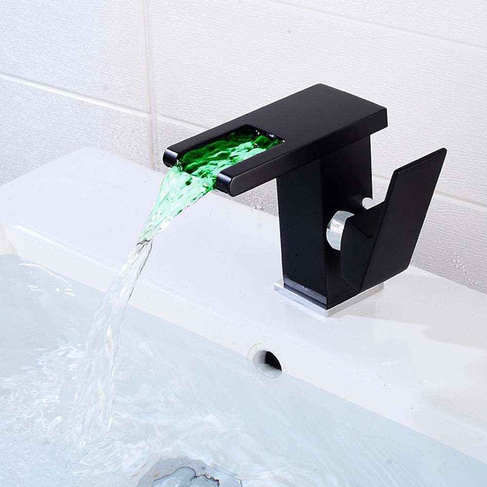 LED Waterfall Bathroom Faucet, Modern Single-Handle Brass Faucet, Matte Black / Matte White / Chrome