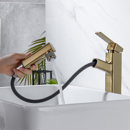 Pull-Out Single-Hole Brass Bathroom Faucet, Upward Fountain Spout Faucet, Chrome / Matte Black / Brushed Gold / Gunmetal
