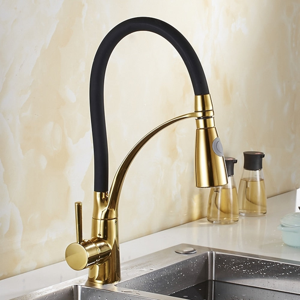 Two-Tone Modern Single-Hole Pull-Down Kitchen Faucet, Single-Handle Brass Faucet with Dual-Mode Swivel Spout