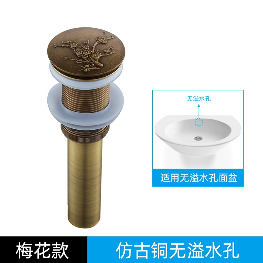Antique Brass Engraved Bathroom Sink Pop-Up Drain, Solid Brass Vanity Basin Drain Assembly, With / Without Overflow