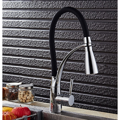 Modern LED Pull-Down Kitchen Faucet, Single-Handle Brass Faucet with Swivel Silicone Hose, Silver / Black / Multi