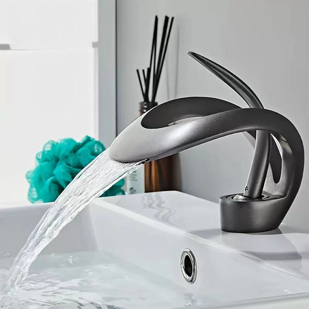 Modern Waterfall Bathroom Faucet, Single-Handle Single-Hole Sink Faucet, Matte Black / Chrome / Brushed Gold / Matte White / Gunmetal
