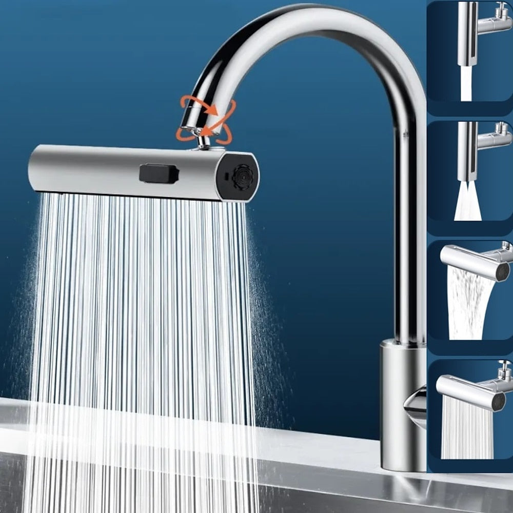 Chrome 360-Degree Swivel Waterfall Faucet Aerator, 4-in-1 Multi-Function Spray Head with Adapter
