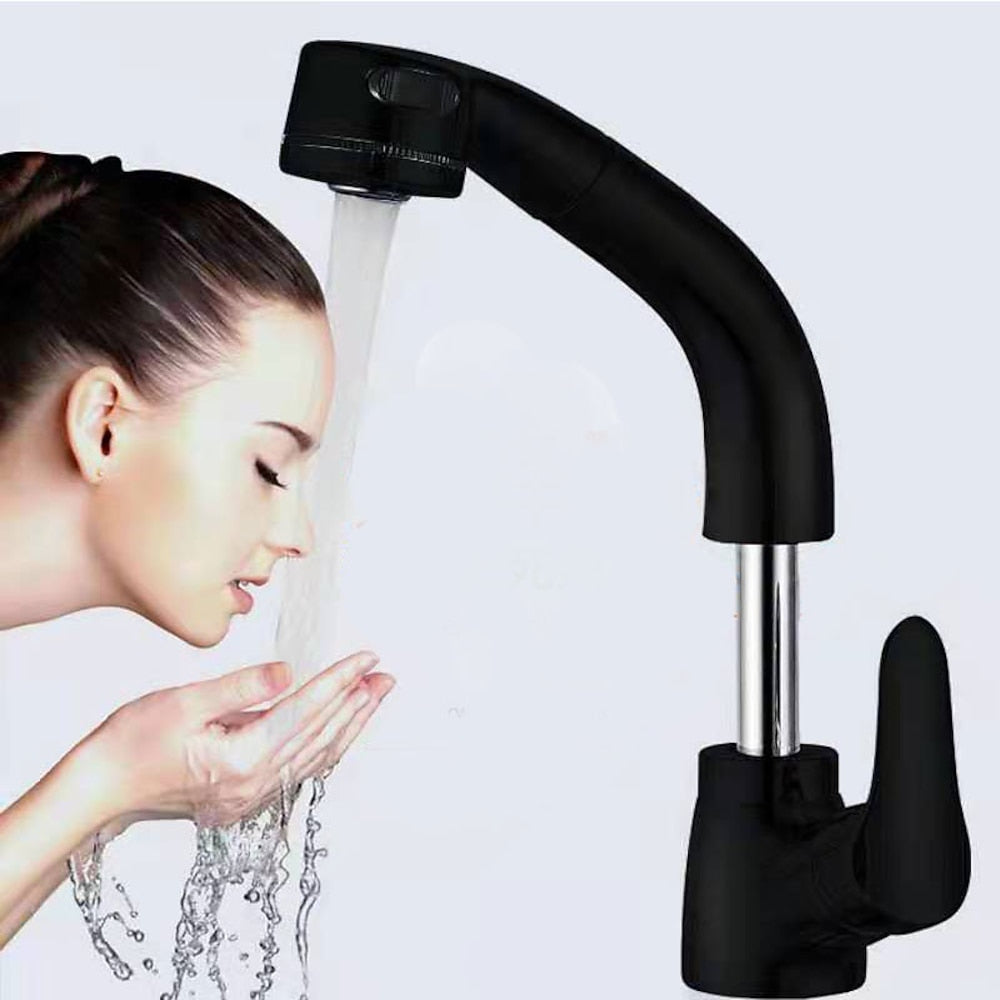 Pull-Out Single-Hole Bathroom Faucet, Single-Handle Liftable Swivel Faucet, Matte Black / Chrome
