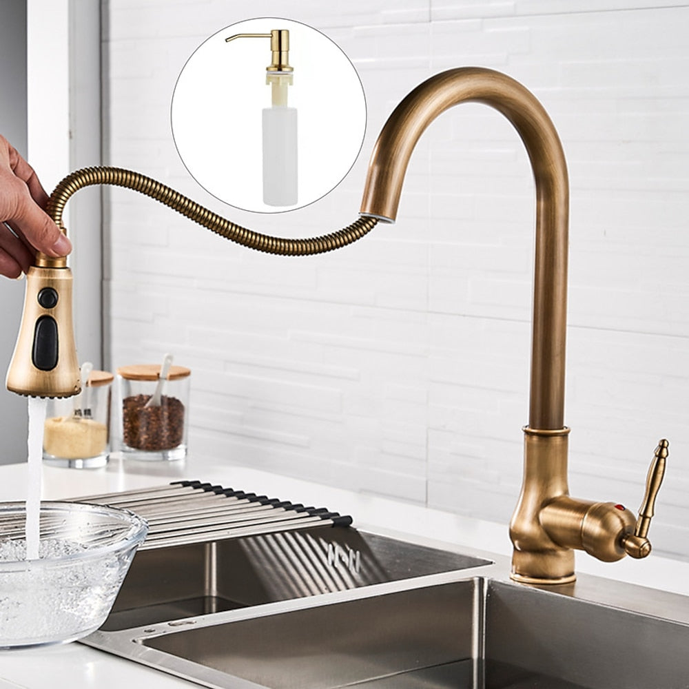 Antique Brass Retro Kitchen Faucet, Deck-Mount Single-Handle Pull-Out Faucet with Soap Dispenser / Pop-Up Drain