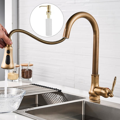 Antique Brass Retro Kitchen Faucet, Deck-Mount Single-Handle Pull-Out Faucet with Soap Dispenser / Pop-Up Drain