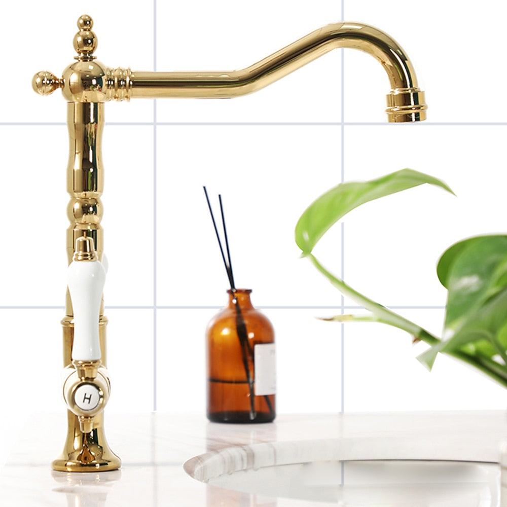 Antique Single-Hole Bathroom Faucet, Dual Ceramic Handle Swivel Spout Faucet, Antique Brass / Brushed Nickel / Chrome / Matte Black / Polished Gold