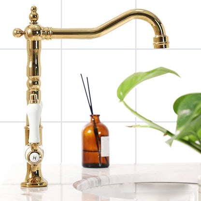 Antique Single-Hole Bathroom Faucet, Dual Ceramic Handle Swivel Spout Faucet, Antique Brass / Brushed Nickel / Chrome / Matte Black / Polished Gold