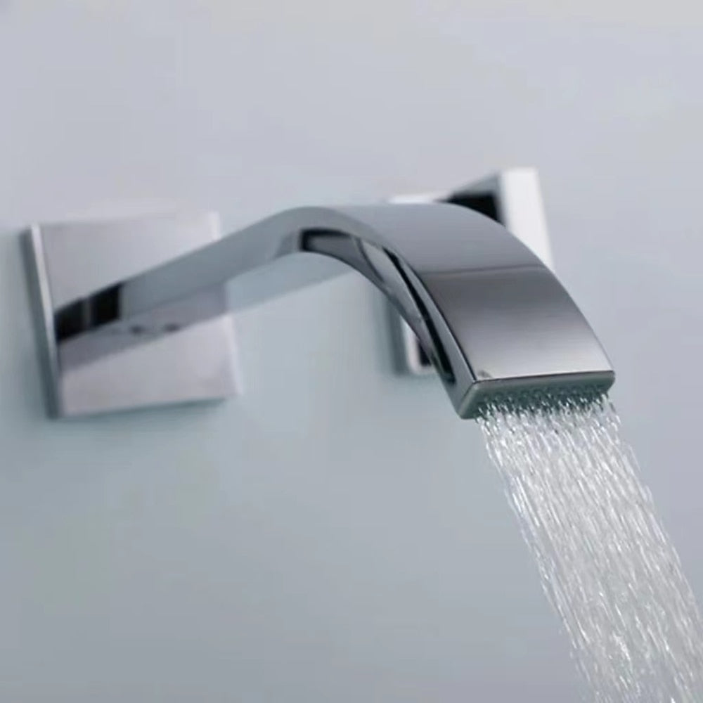 Chrome Modern Waterfall Bathroom Faucet, Wall-Mount 3-Hole Double-Handle Faucet