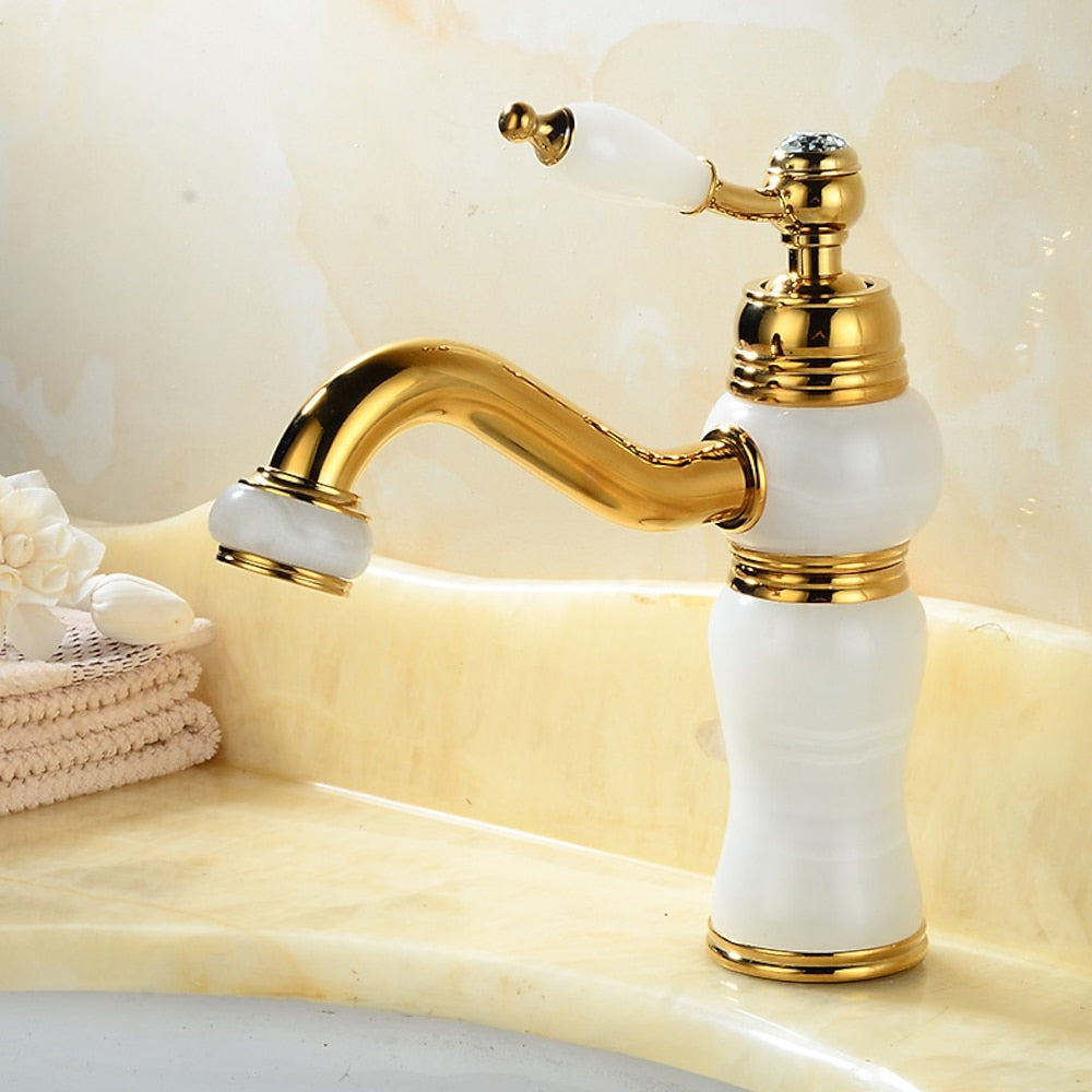 Retro Vintage Height-Adjustable Swivel Spout Bathroom Faucet, Single-Handle Single-Hole Brass Faucet, Gold / White / Black