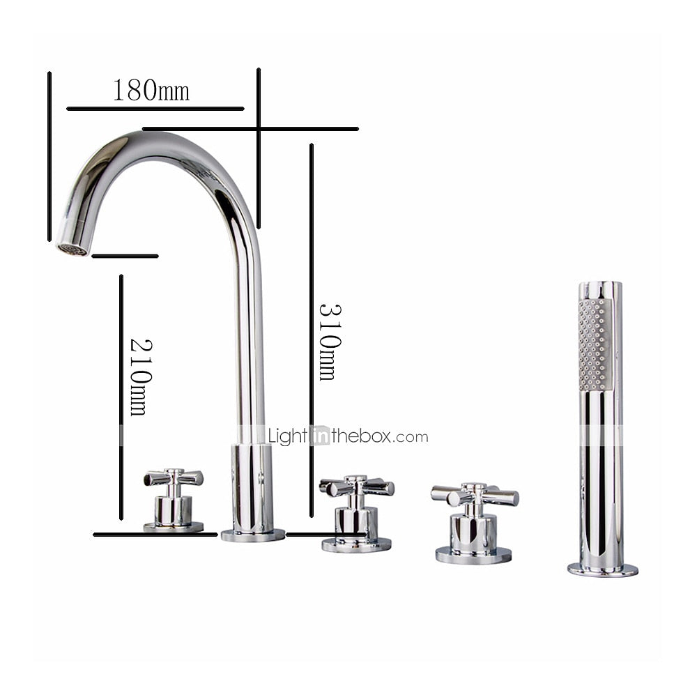 Chrome 5-Hole Deck-Mount Tub Filler Faucet, 3-Handle Brass Tub Faucet with Handheld Shower