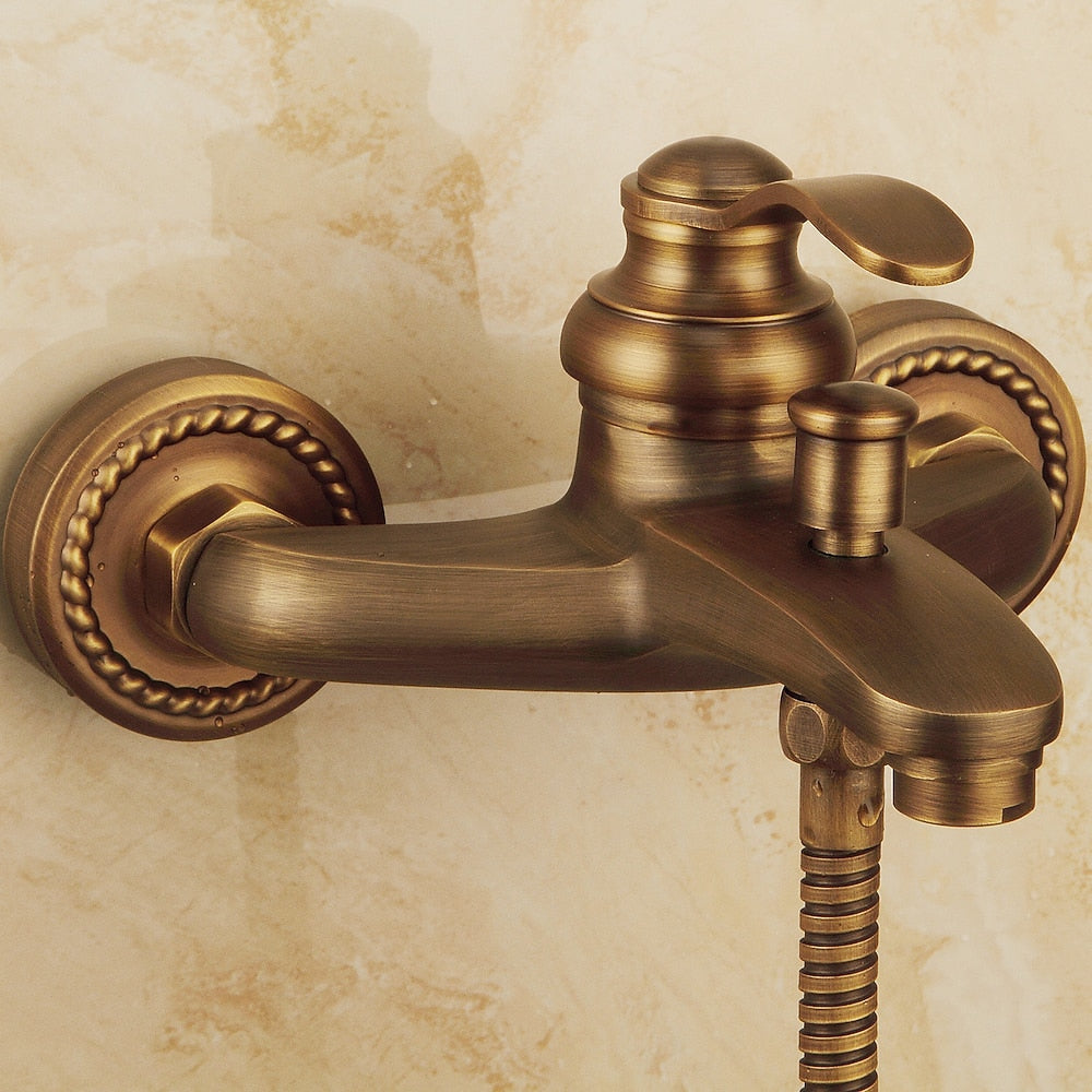 Antique Brass Traditional Wall-Mount Tub Faucet, Single-Handle Tub Filler with Handheld Shower