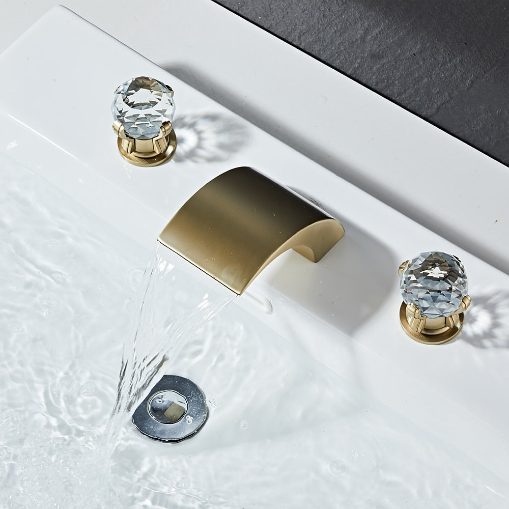 Waterfall Bathroom Faucet, Modern 3-Hole Widespread Faucet, Double Crystal Handle Faucet, Matte Black / Chrome / Brushed Gold / Polished Gold