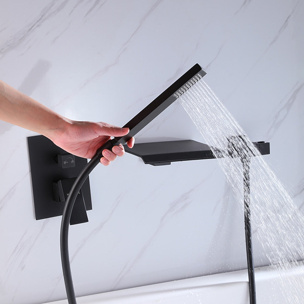Waterfall Wall-Mount Tub Faucet, Single-Handle Tub Filler with Handheld Shower, Matte Black / Chrome