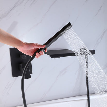Waterfall Wall-Mount Tub Faucet, Single-Handle Tub Filler with Handheld Shower, Matte Black / Chrome