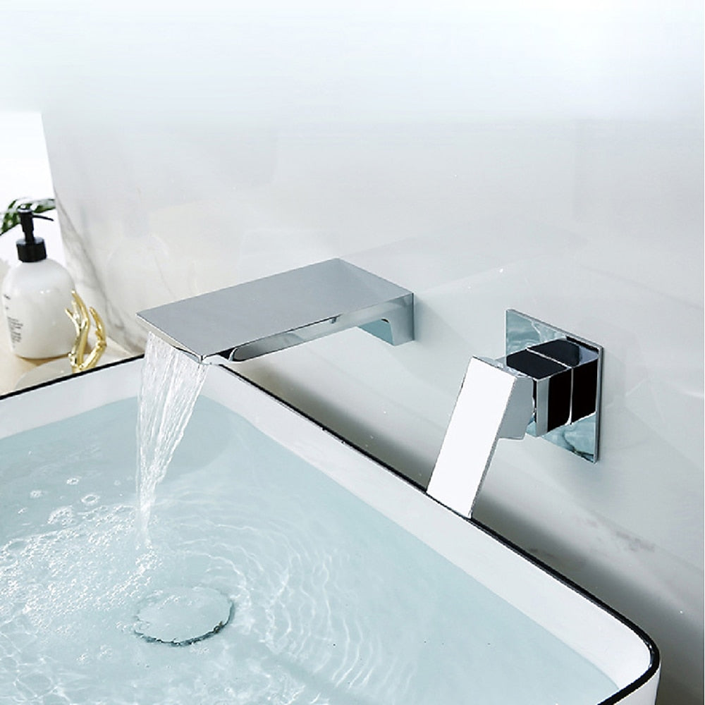Waterfall Wall-Mount Bathroom Faucet, Single-Handle Brass Faucet, Matte Black / Brushed Gold / Chrome