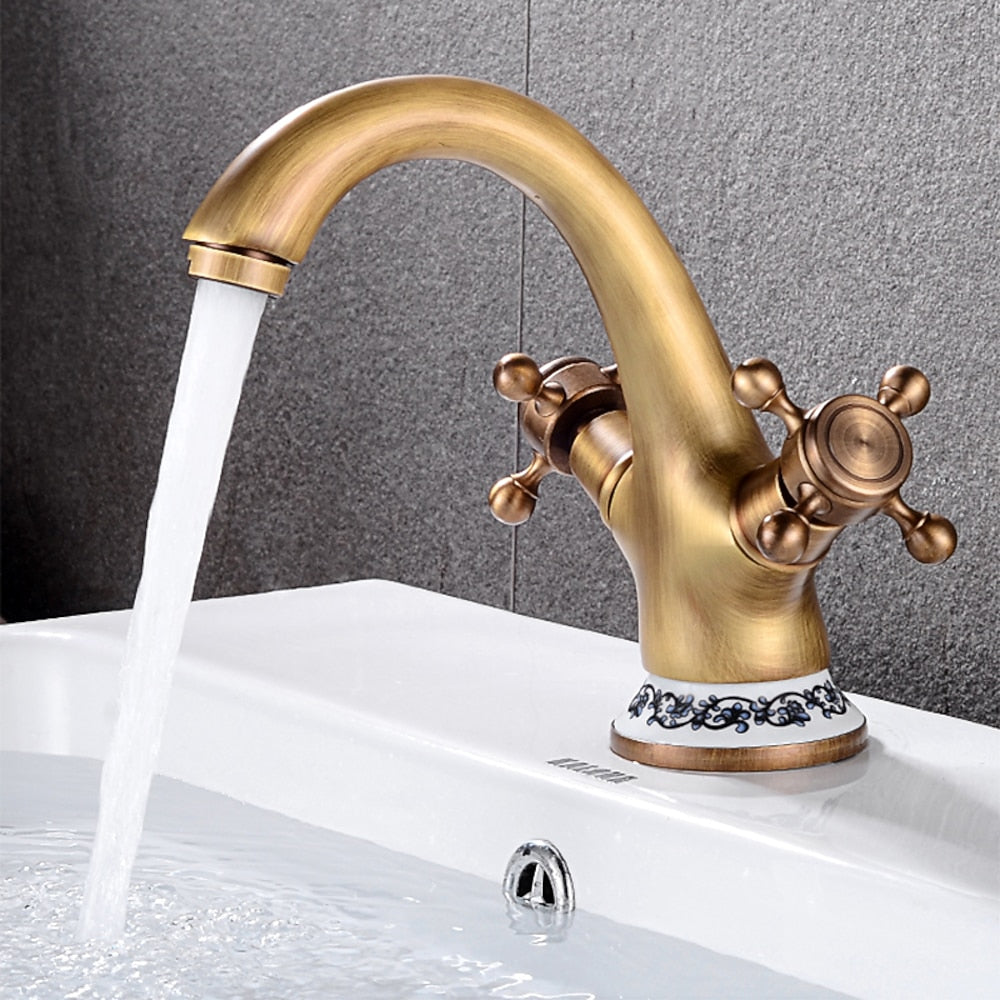 Vintage Single-Hole Bathroom Faucet, Dual Cross Handle Brass Faucet
