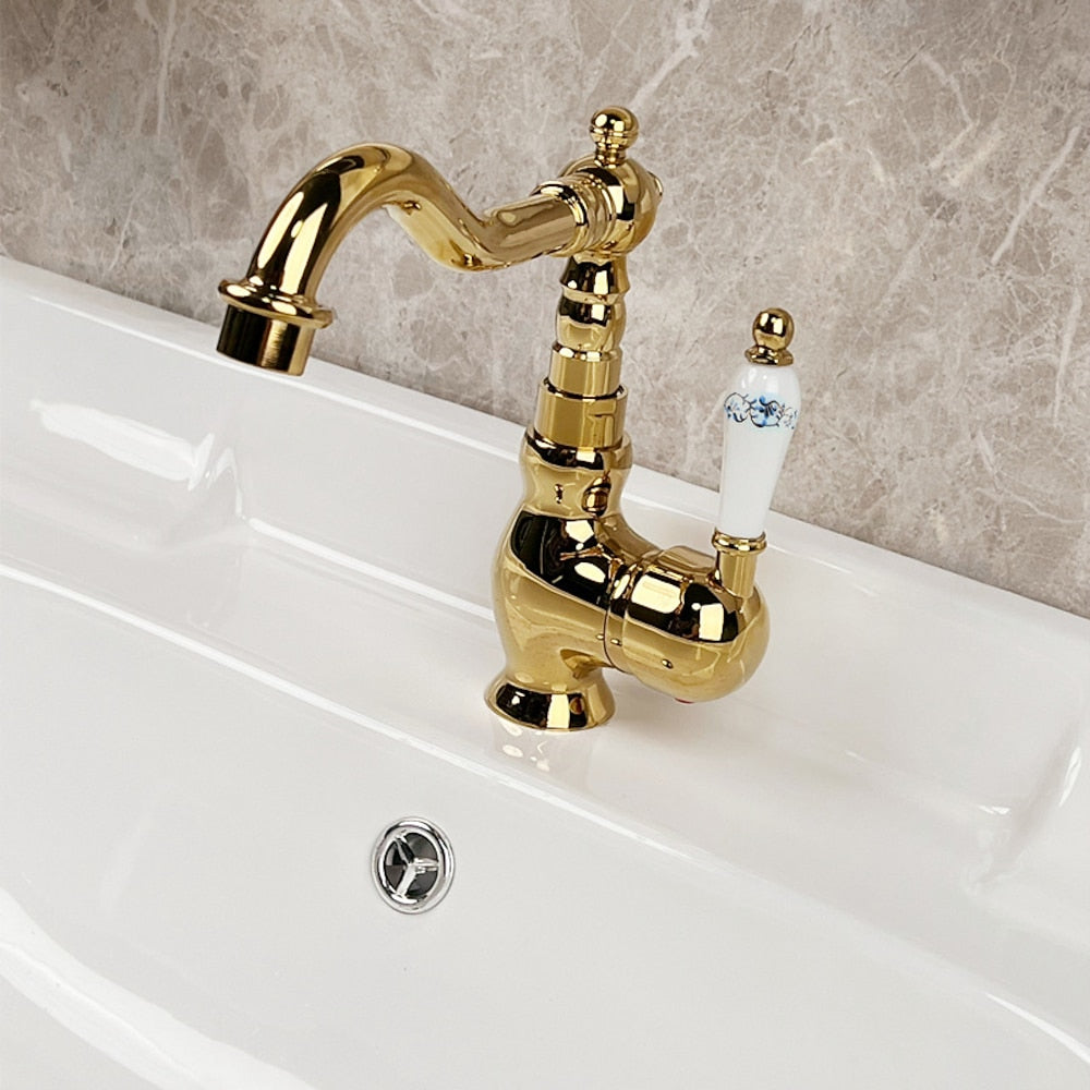 Vintage Single-Hole Bathroom Sink Faucet, 360-Degree Swivel Spout Brass Faucet, Chrome / Polished Gold / Antique Brass