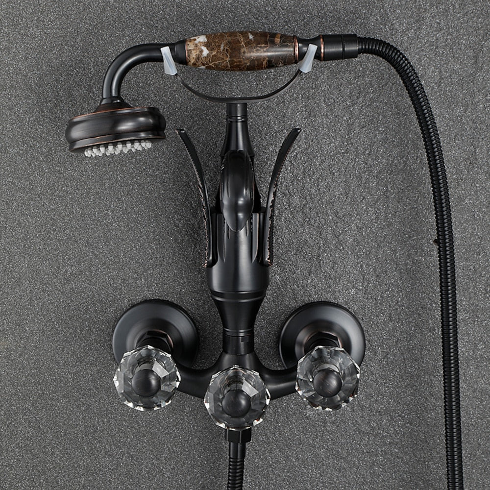 Swan Spout Wall-Mount Bathtub Faucet, Dual-Handle Tub Filler with Handheld Shower, Antique Brass / Matte Black / Chrome / Polished Gold