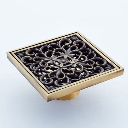 Antique Brass Square Floor Drain, Solid Brass Shower Drain with Carved Grate