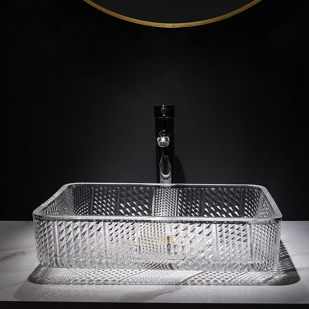 Transparent Rectangular Glass Vessel Sink, Single-Handle Chrome Faucet / Gold Pop-Up Drain Vessel Sink Set