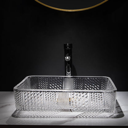 Transparent Rectangular Glass Vessel Sink, Single-Handle Chrome Faucet / Gold Pop-Up Drain Vessel Sink Set